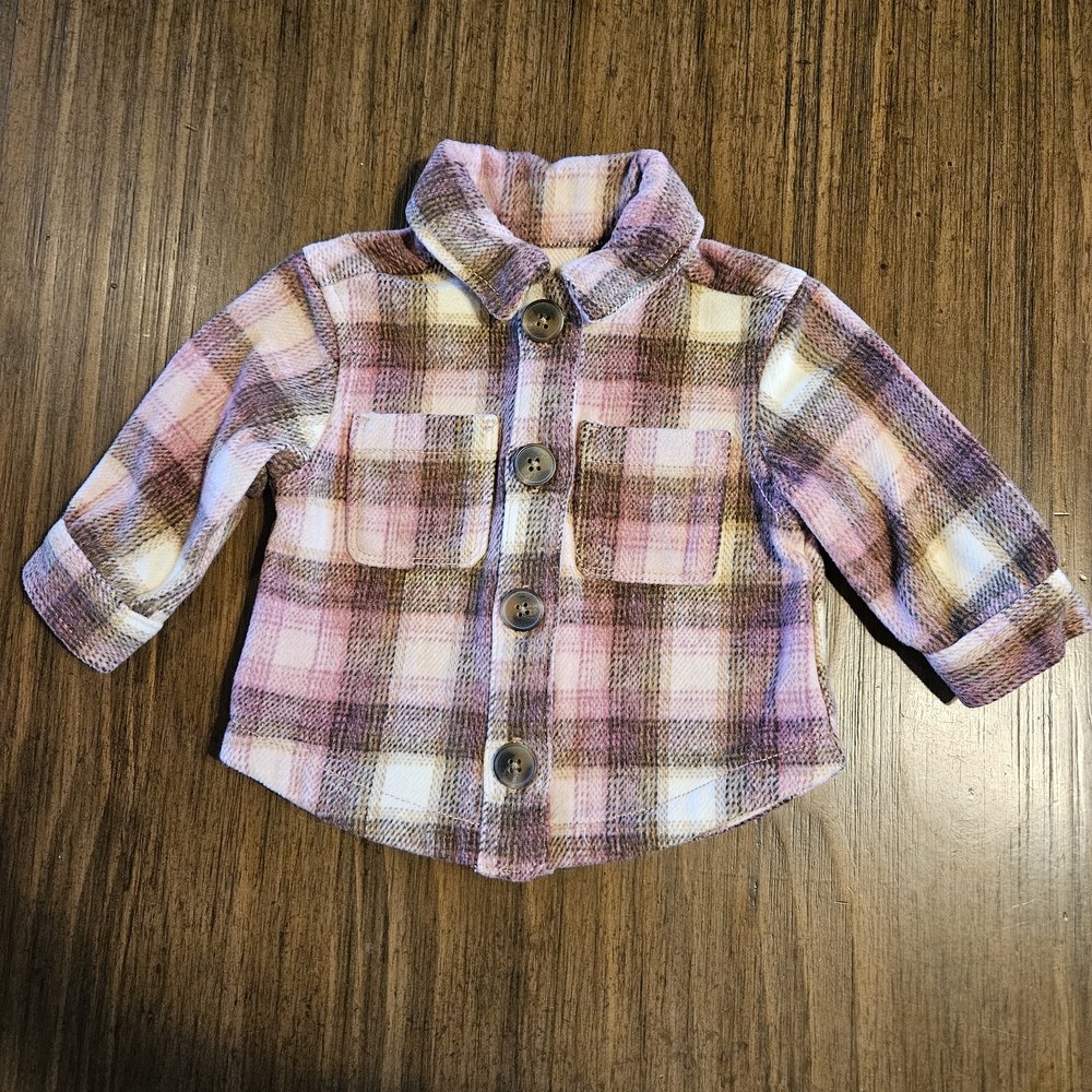 Old Navy Kids Plaid Flannel Shirt Jacket - Pink, Brown, Cream Infant 3-6 Months